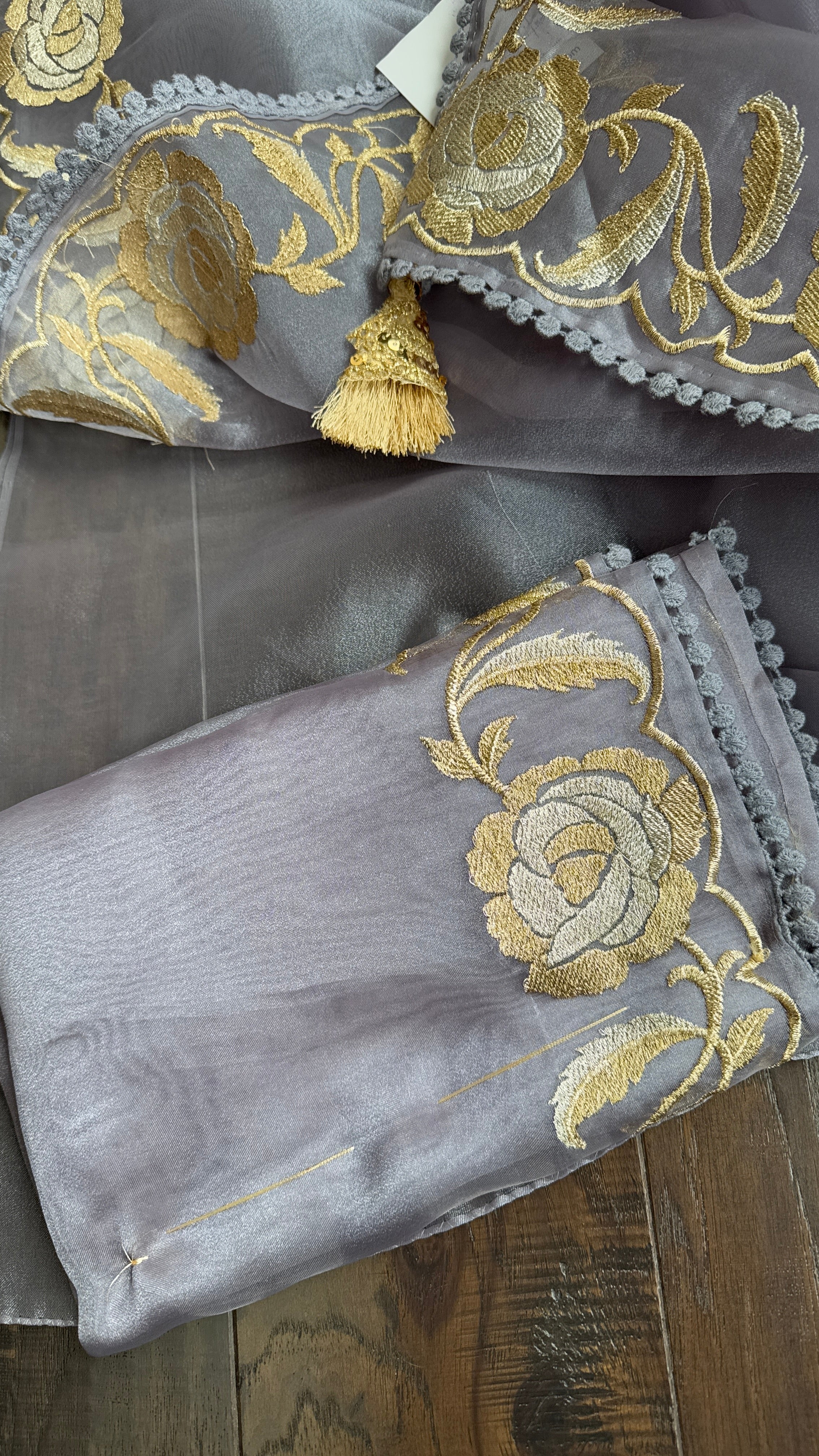 Designer Tissue Organza Embroidered - Silver Grey