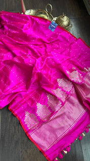 Pure Silk Tanchoi Banarasi - Hot Pink Borderless