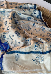 Pure Tussar Silk Stole - Beige Blue Kantha Stitch