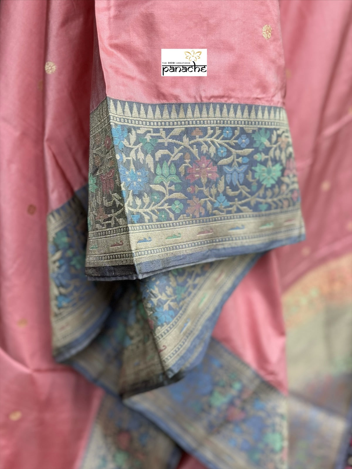 Pure Silk Paithani Banarasi- Pink Grey Tilfi