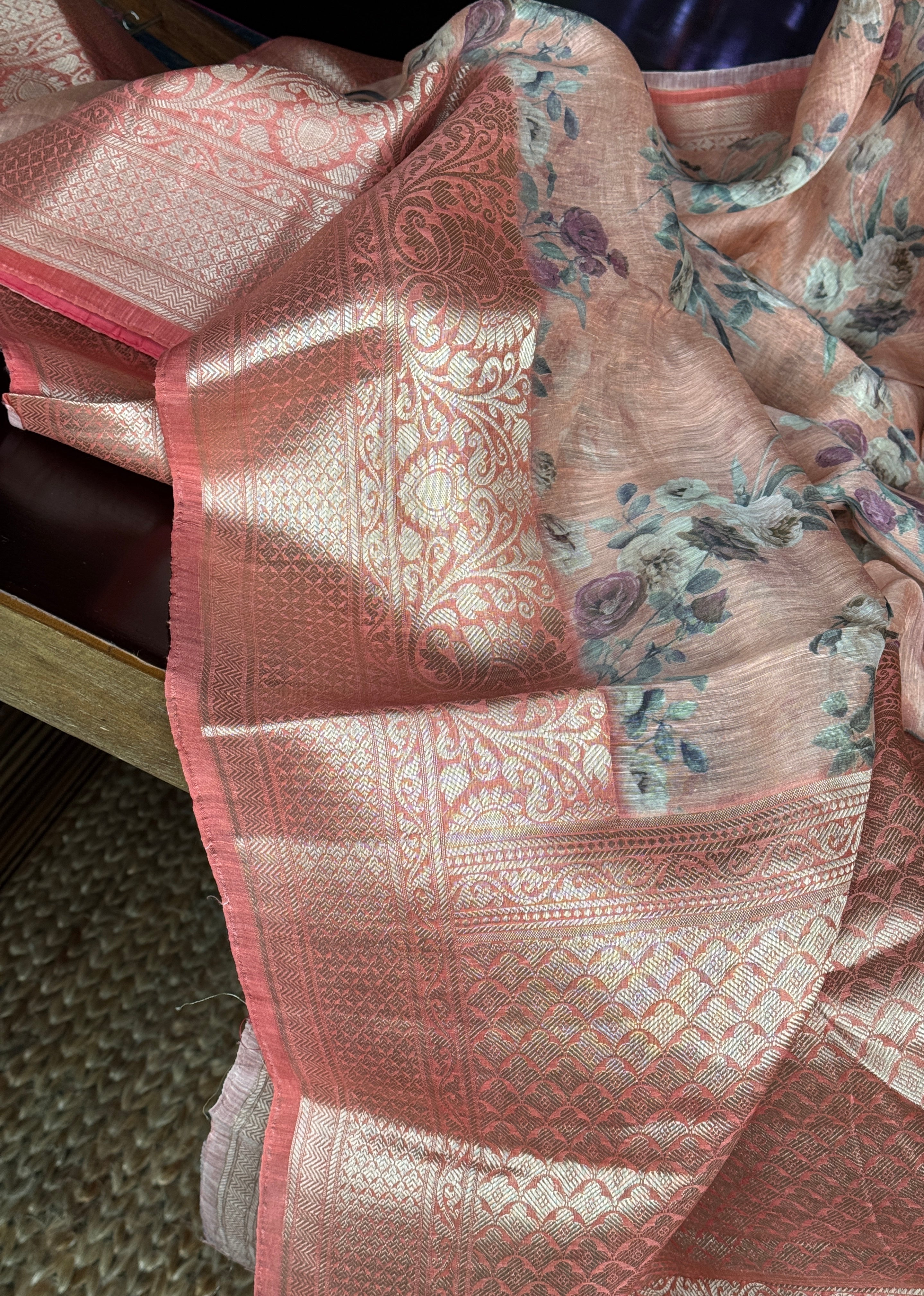 Pure Silk Linen Banarasi - Peach Floral Digital Print