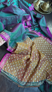 Hand Zardozi Pure Chanderi Pattu Silk - Green Pink Dual Shaded Pink