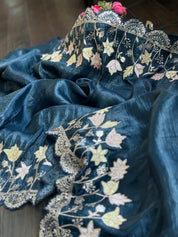 Designer Crushed Tissue Silk - Teal Blue Pitta Embroidered