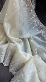 Designer Crushed Chiffon - Light Butter Yellow Sequin Hand Work