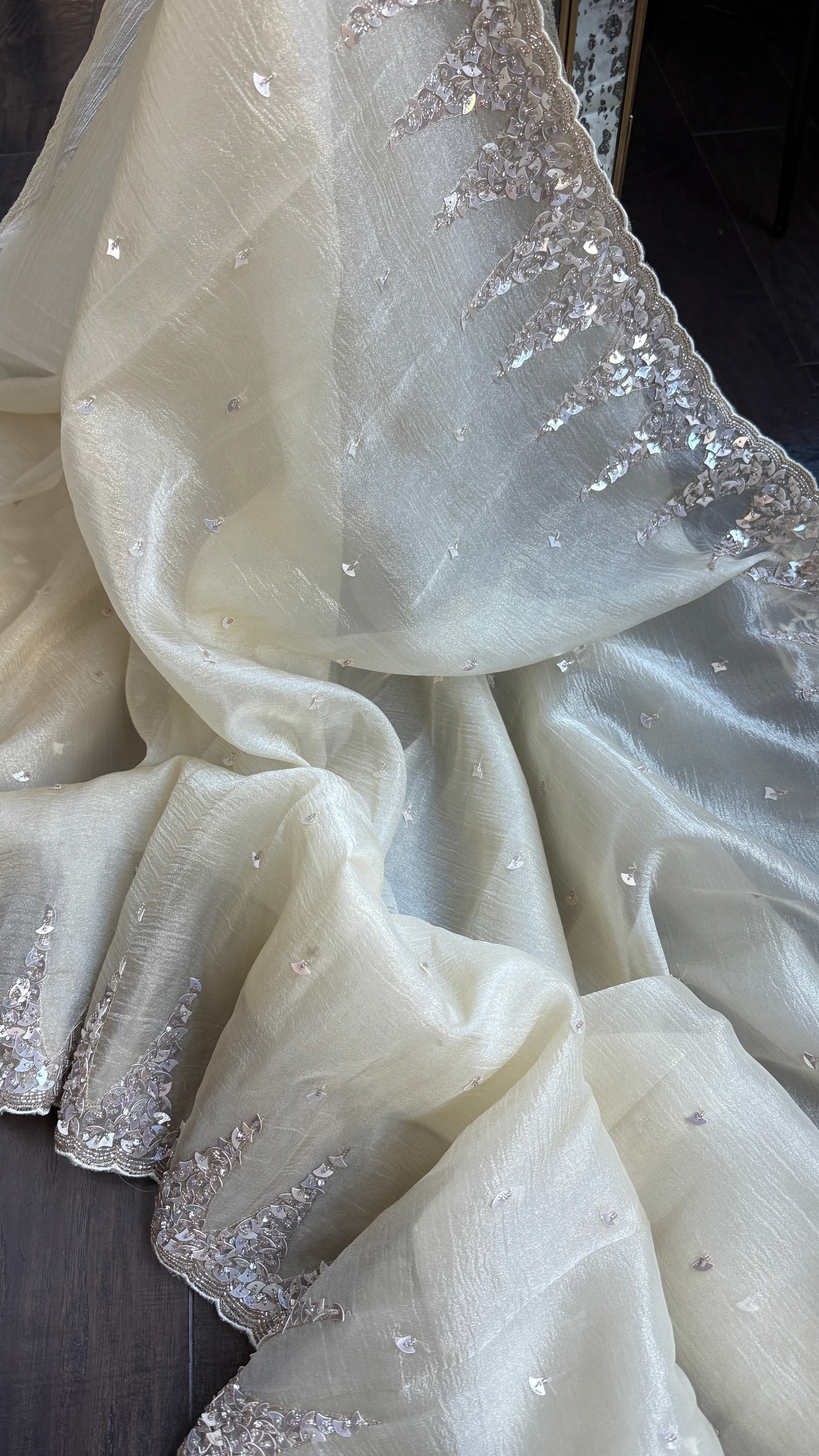 Designer Crushed Chiffon - Light Butter Yellow Sequin Hand Work