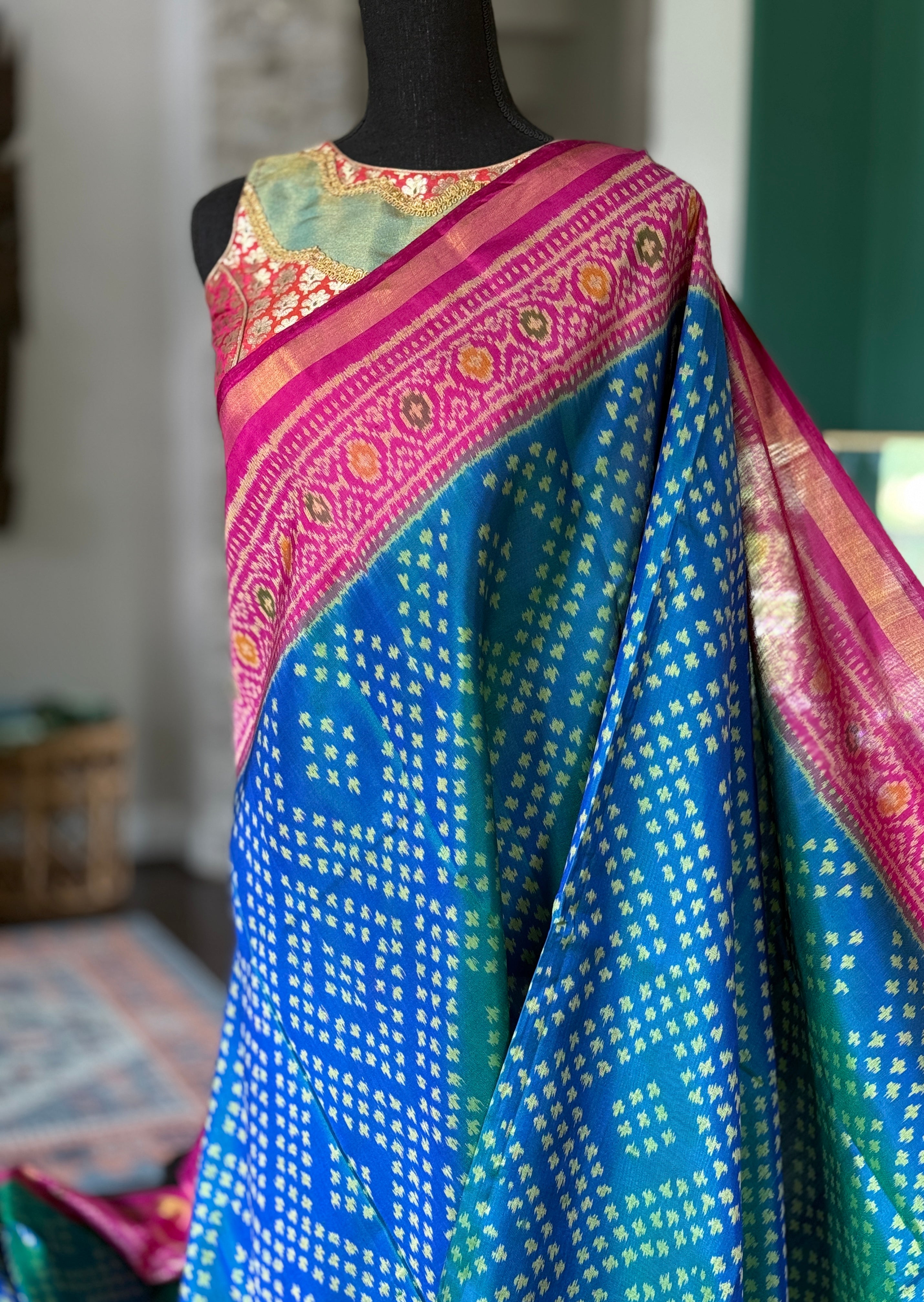 Pure Silk Ikat -  Firozi Sea Green Magenta