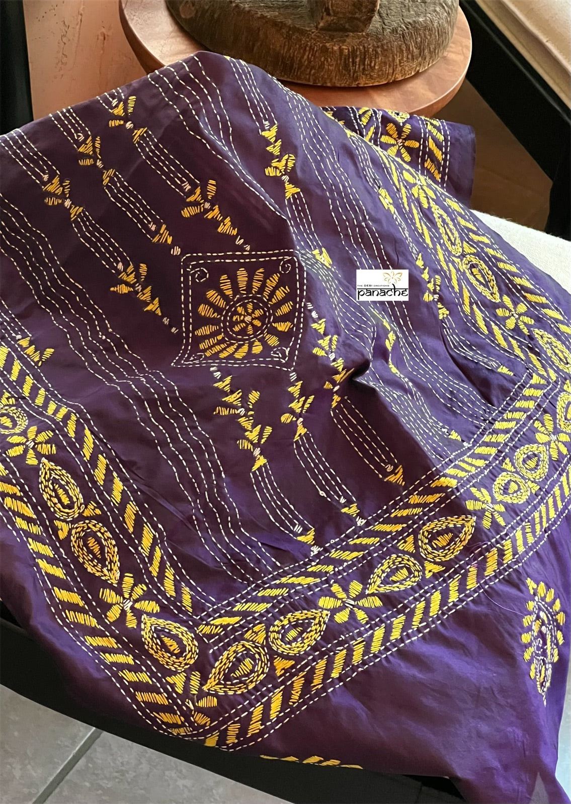 Pure Khadi Silk Stole - Purple Kantha Stitch