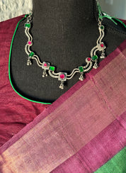 Silver 925 Necklace Earring Set - Pink Green Kundan Stone