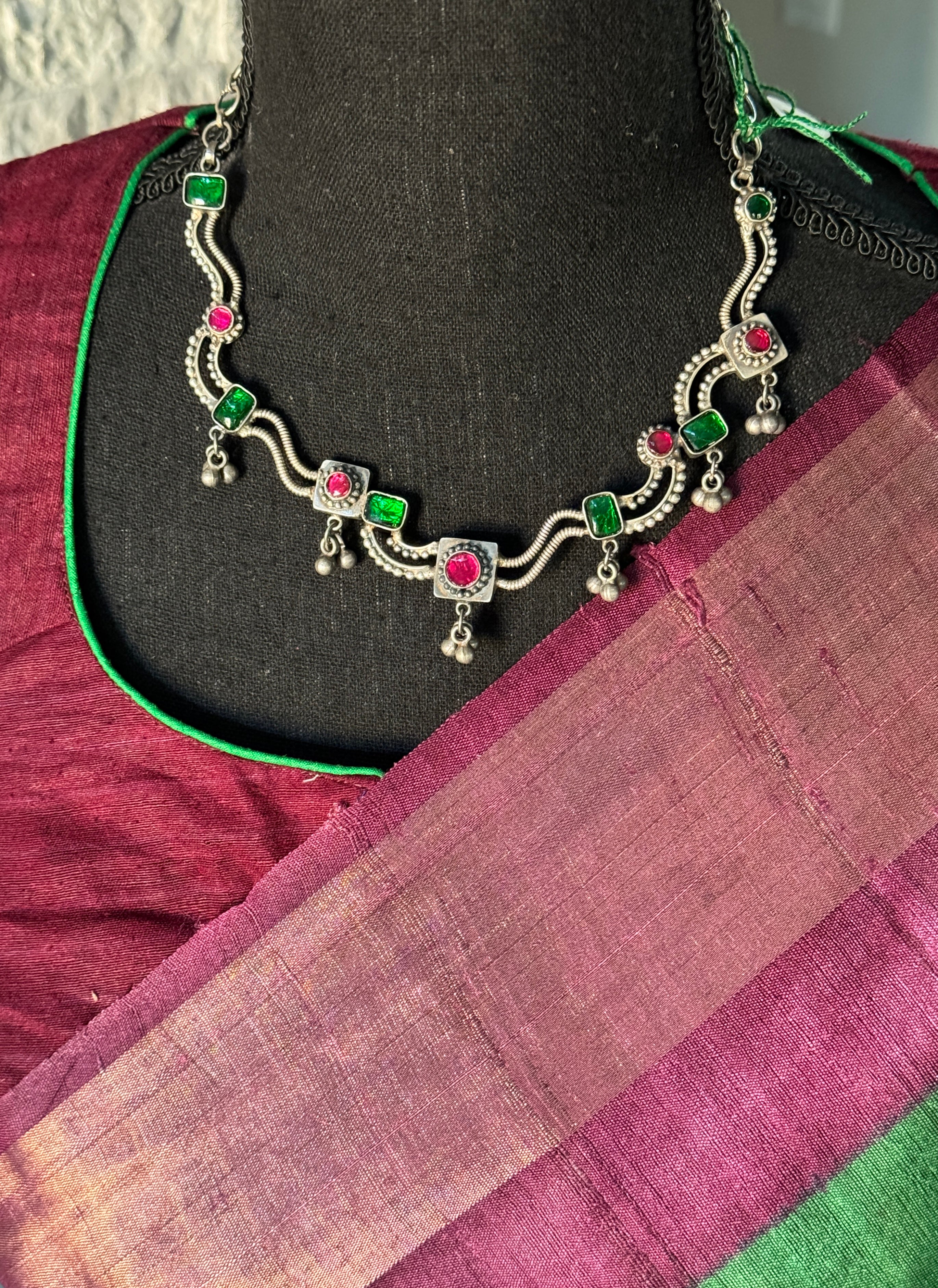Silver 925 Necklace Earring Set - Pink Green Kundan Stone