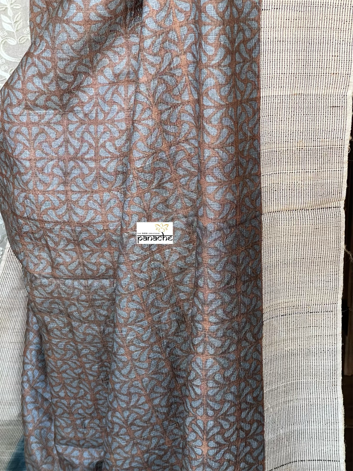 Pure Tussar Silk - Grey Brown embroidered Digital Printed