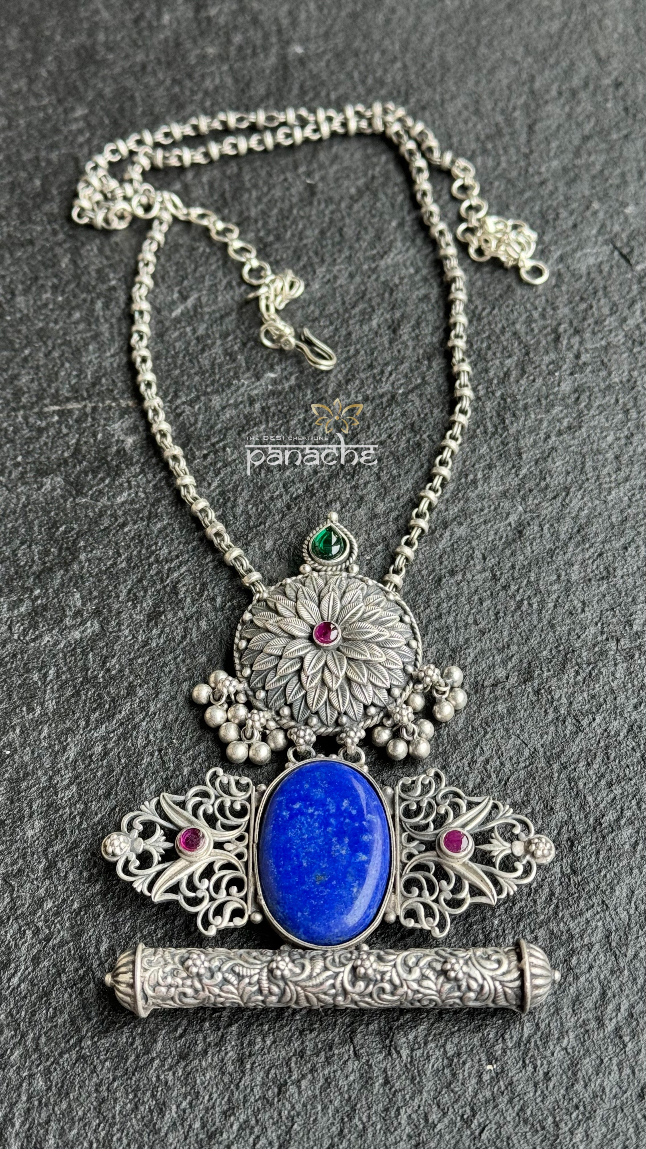 Silver Long Necklace - Lapis