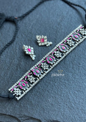 Silver 925 Choker Set - Silver Pink Kundan Stone
