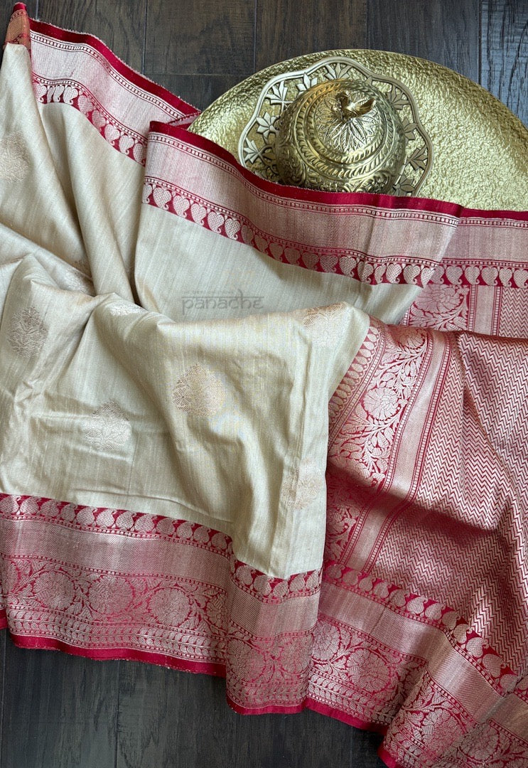Tussar Silk Banarasi - Tan Beige Red