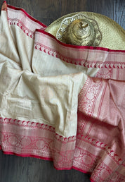 Tussar Silk Banarasi - Tan Beige Red