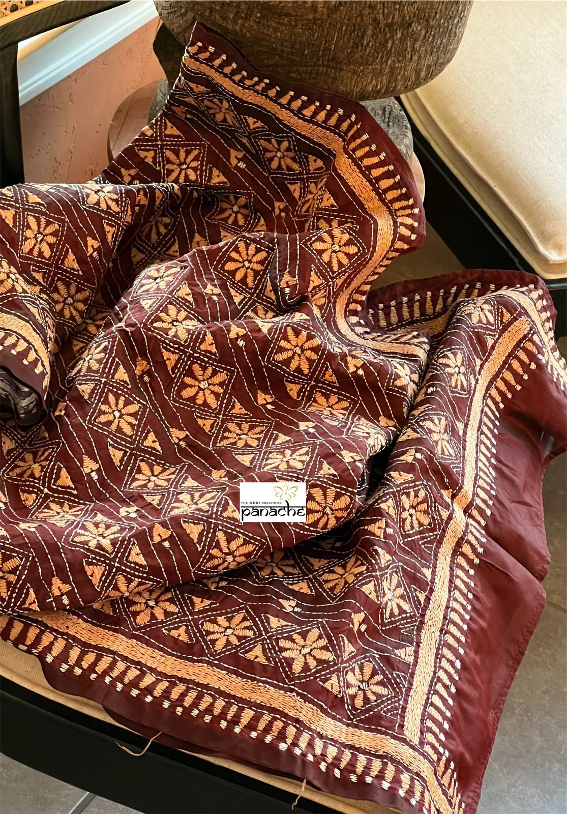 Pure Khadi Silk Stole - Wine Brown Kantha Stitch