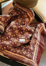 Pure Khadi Silk Stole - Wine Brown Kantha Stitch