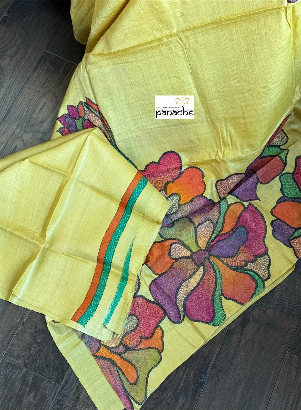 Pure Tussar Silk Kantha Stitch - Yellow