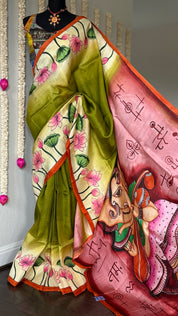 Hand Painted Tussar Silk - Mehendi Green Ganesha