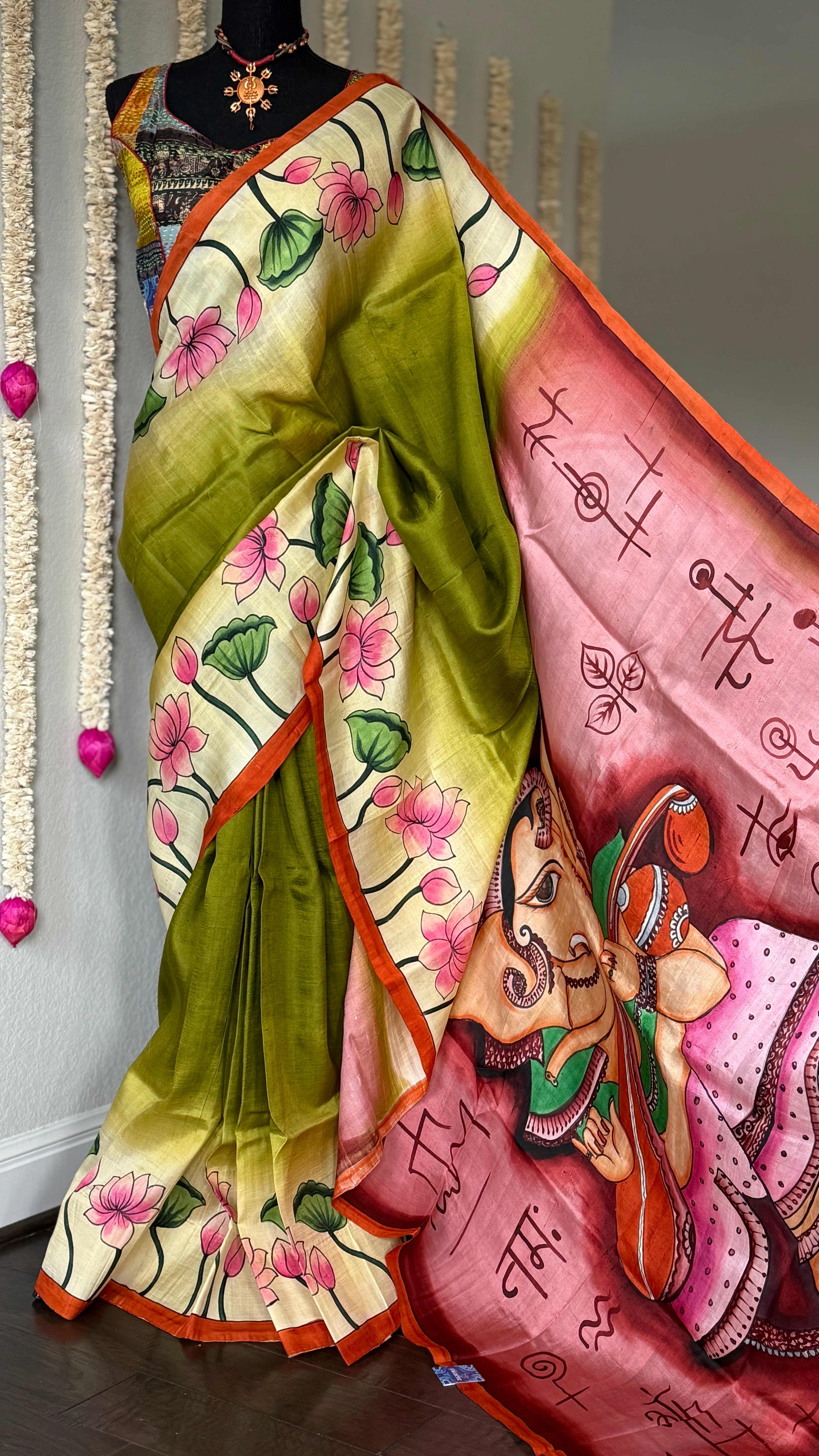 Hand Painted Tussar Silk - Mehendi Green Ganesha