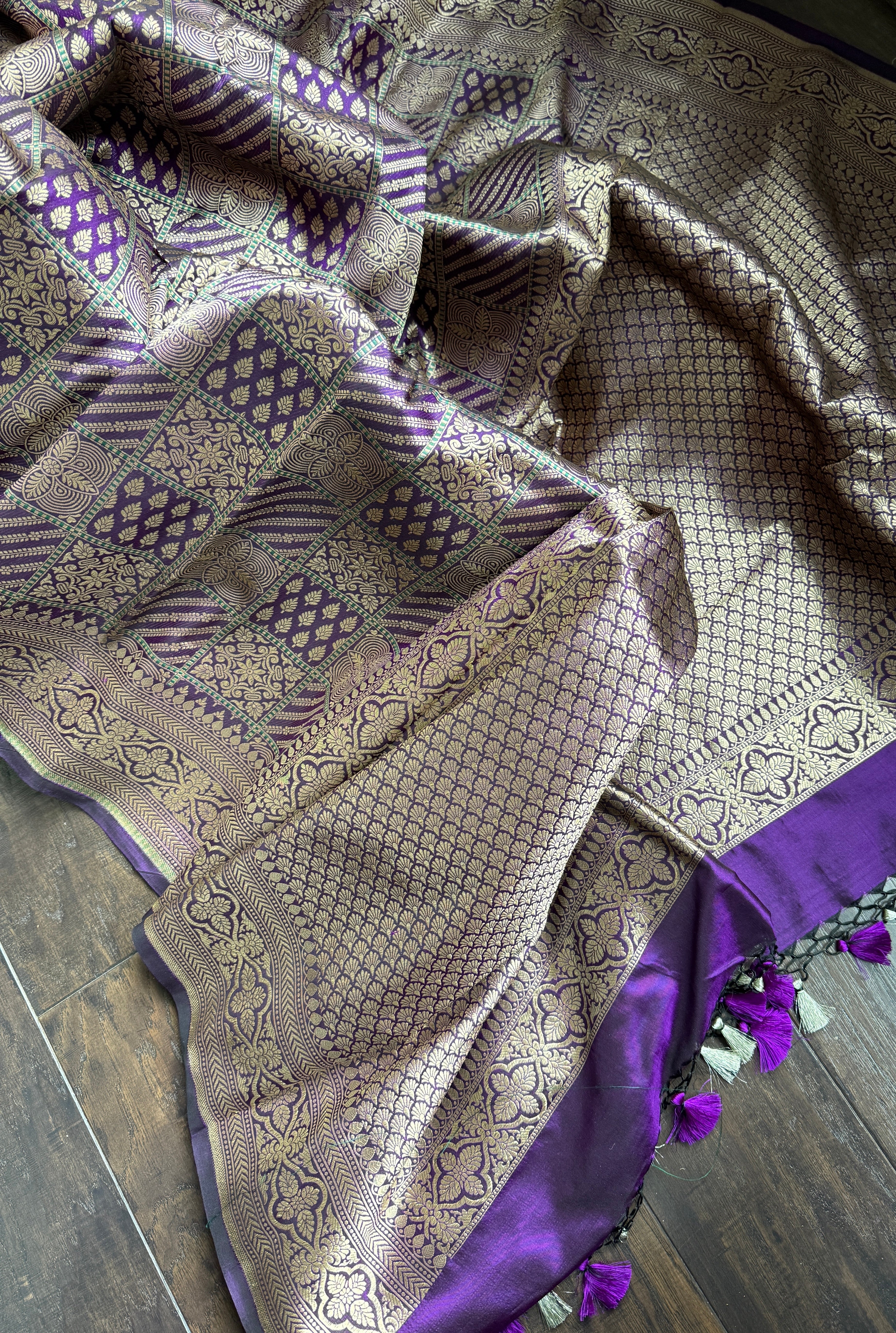 Pure Silk Katan Banarasi- Purple Antique Gold Zari
