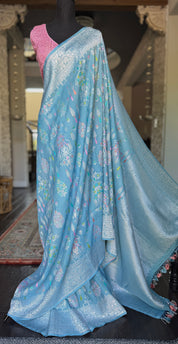 Tussar Silk Banarasi- Light Firozi Blue Silver Zari