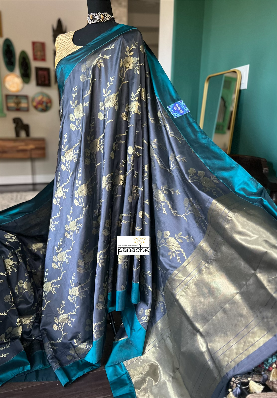 Pure Silk Katan Banarasi - Grey Teal Blue
