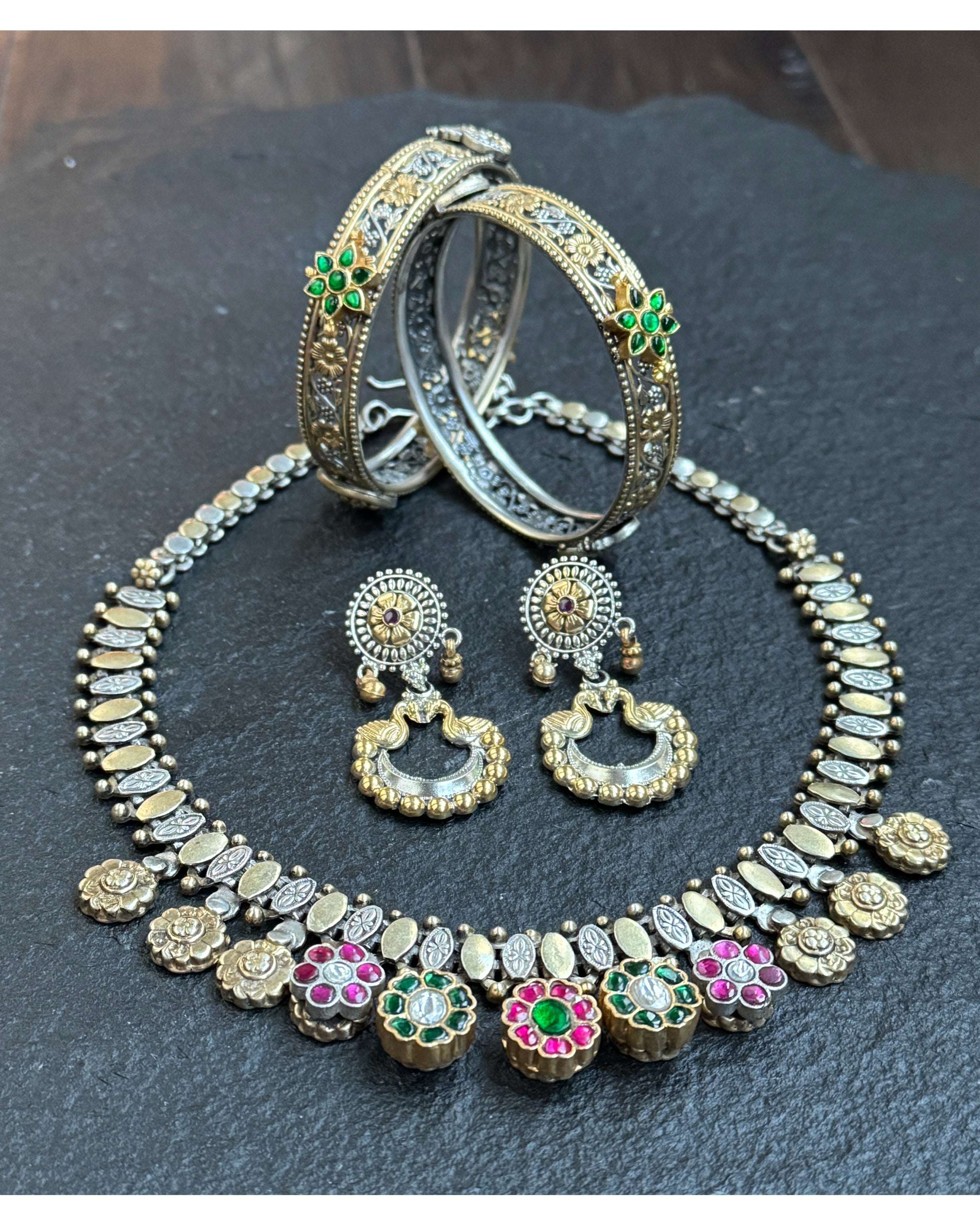 Silver 925 Necklace- Dual Tone Multi Color Stone