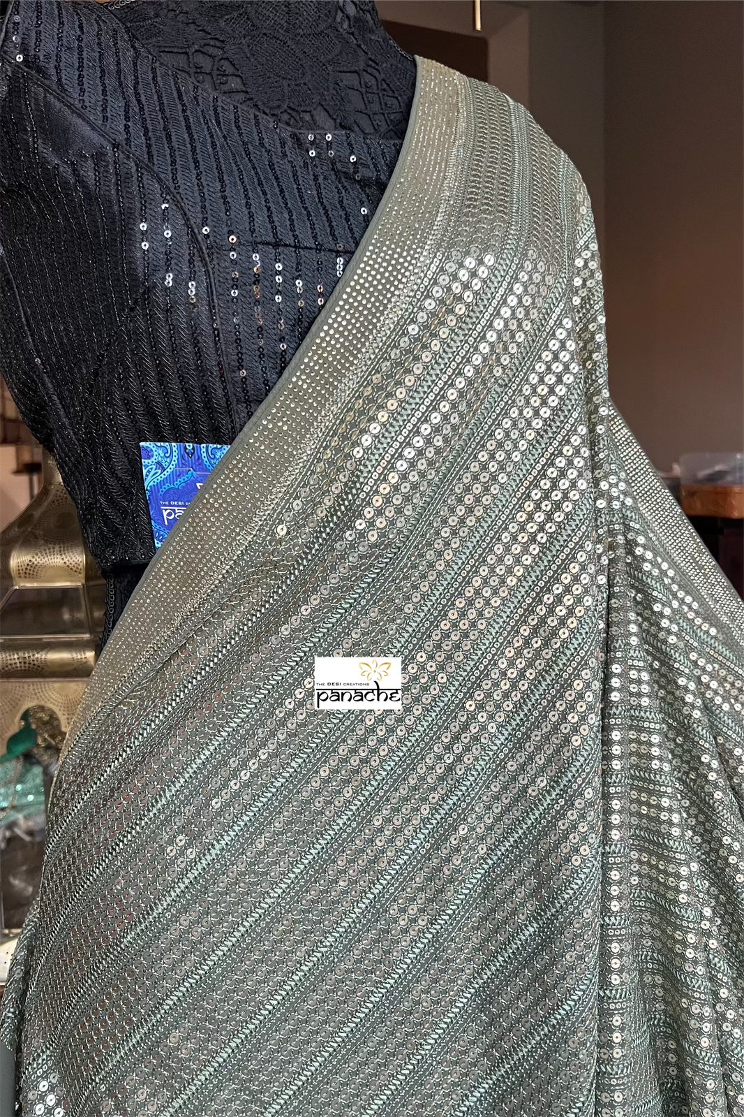 Designer Sequin Georgette - Light Moss Green Sequin work