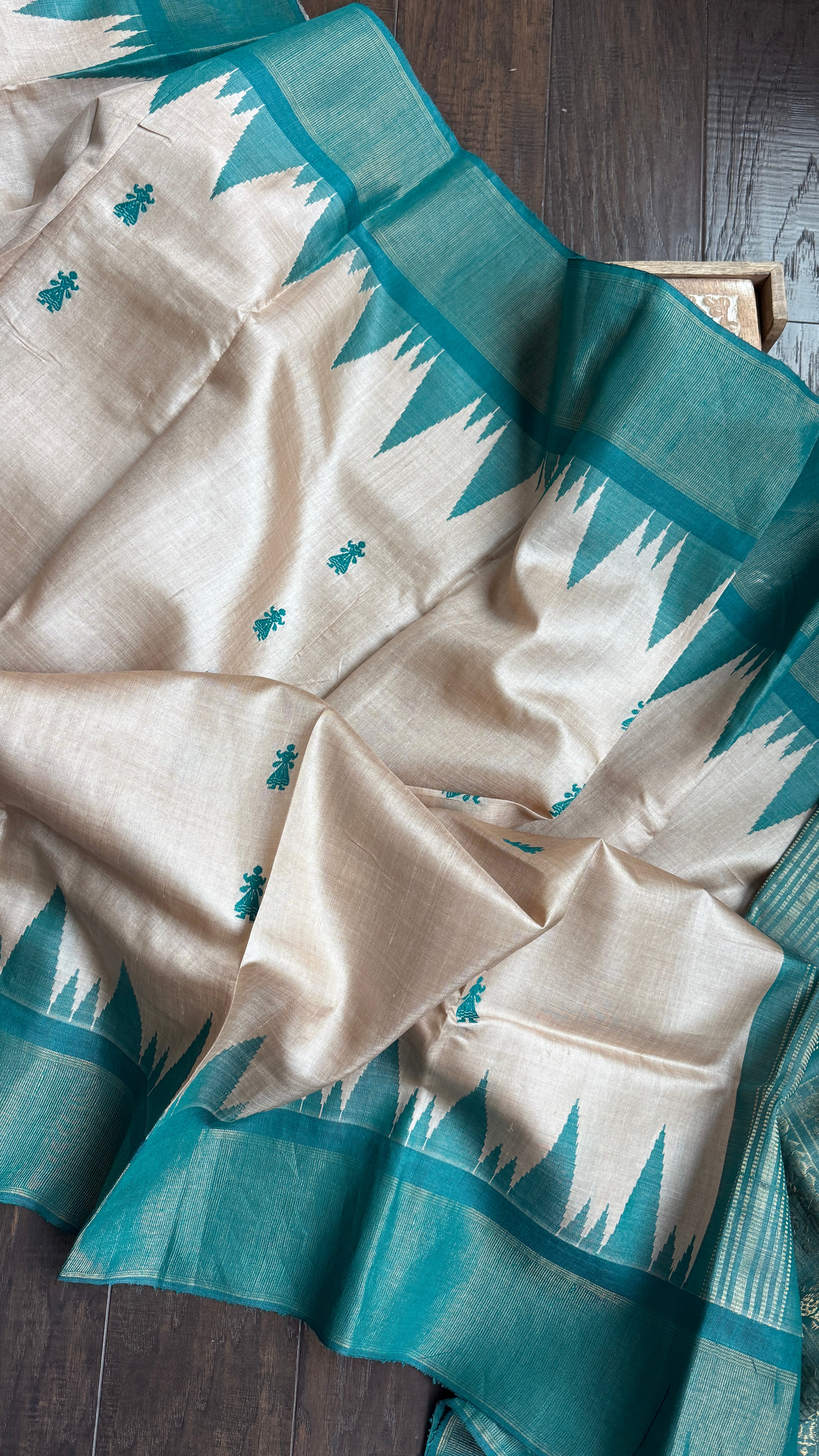 Pure Tussar Silk - Beige Teal Green