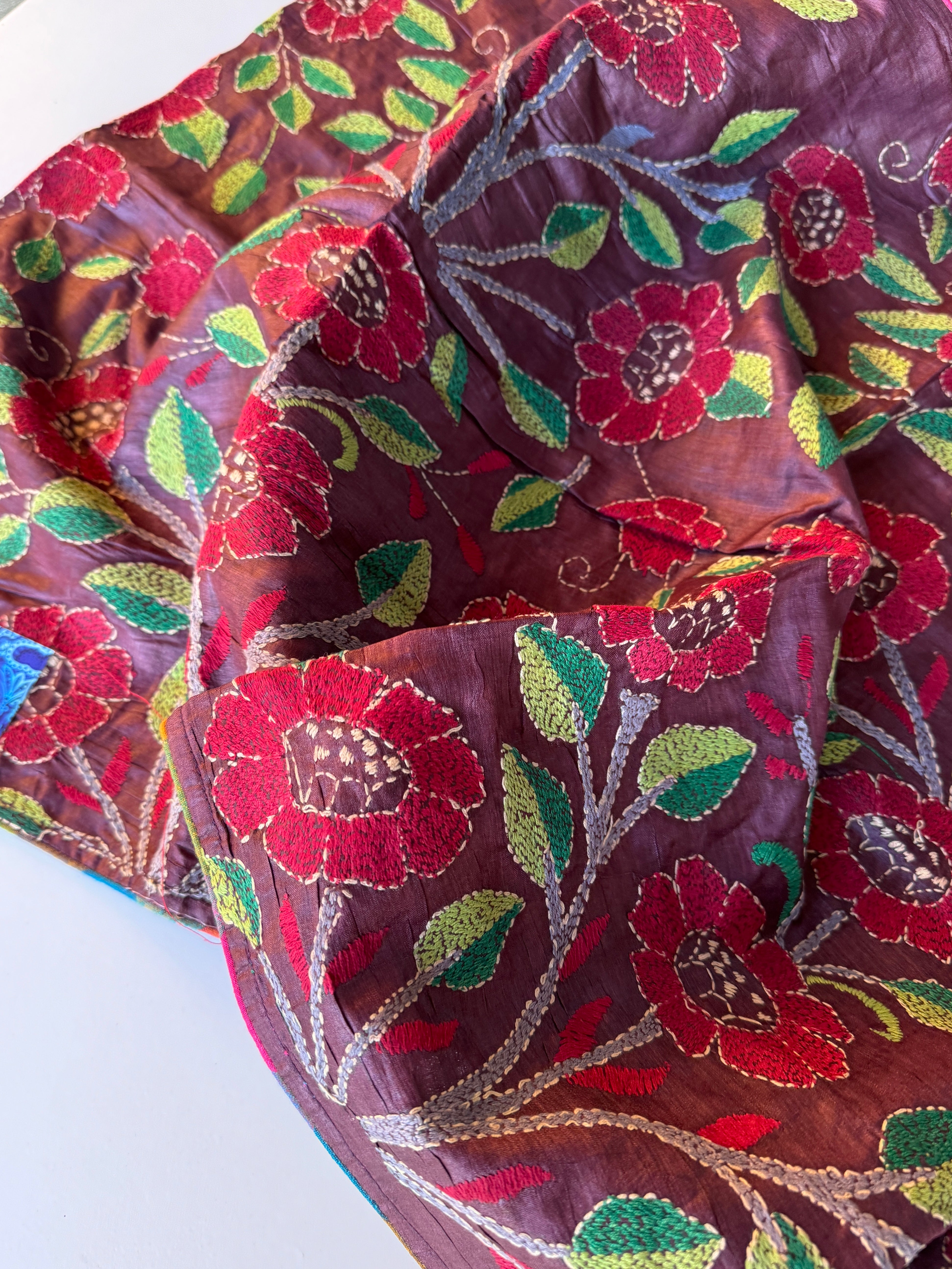 Pure Tussar Silk Stole - Wine Color Kantha Stitch