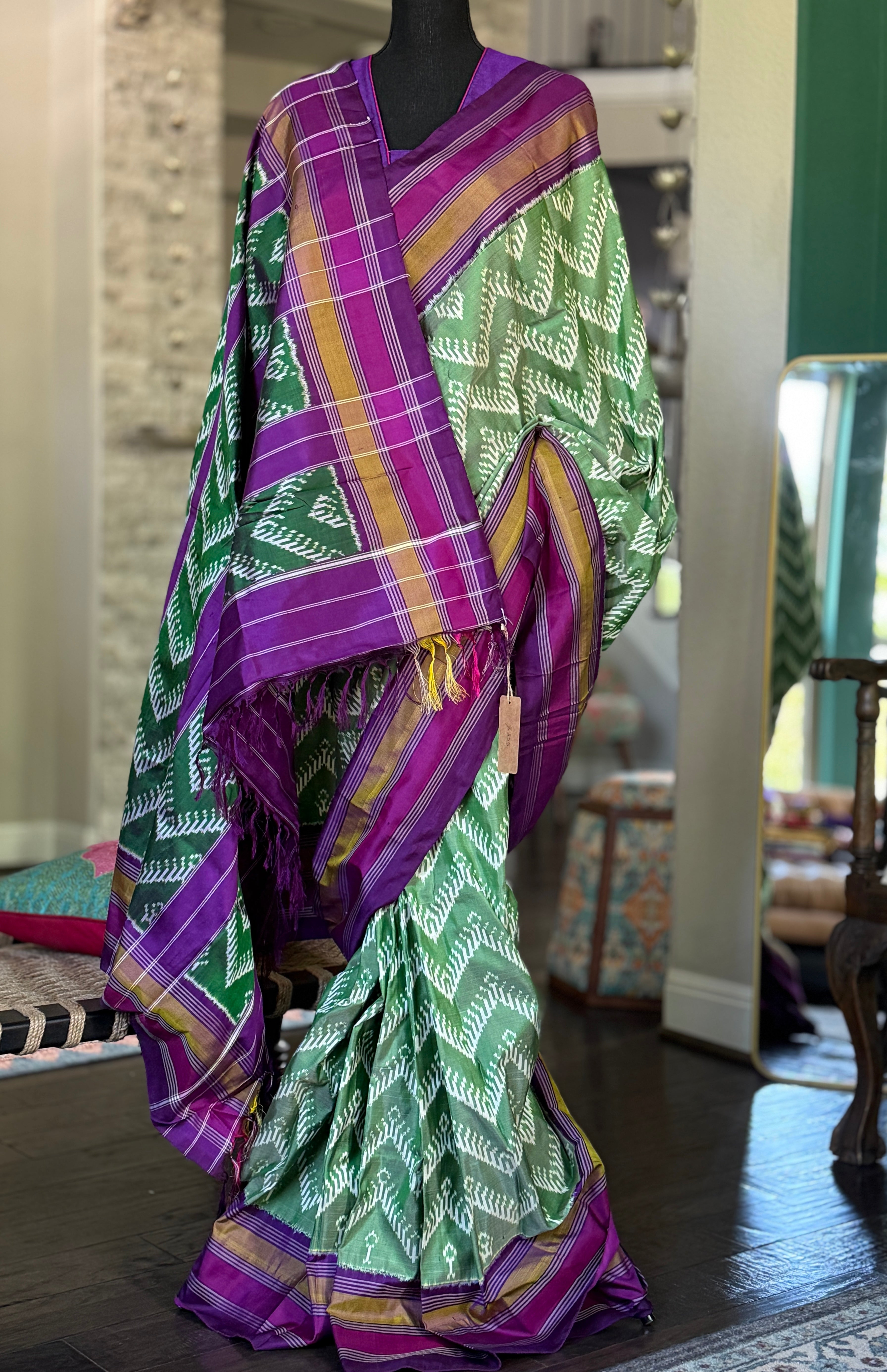 Pure Silk Ikat -  Green Purple Pochampally