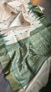 Pure Tussar Silk - Beige Dark Moss Green