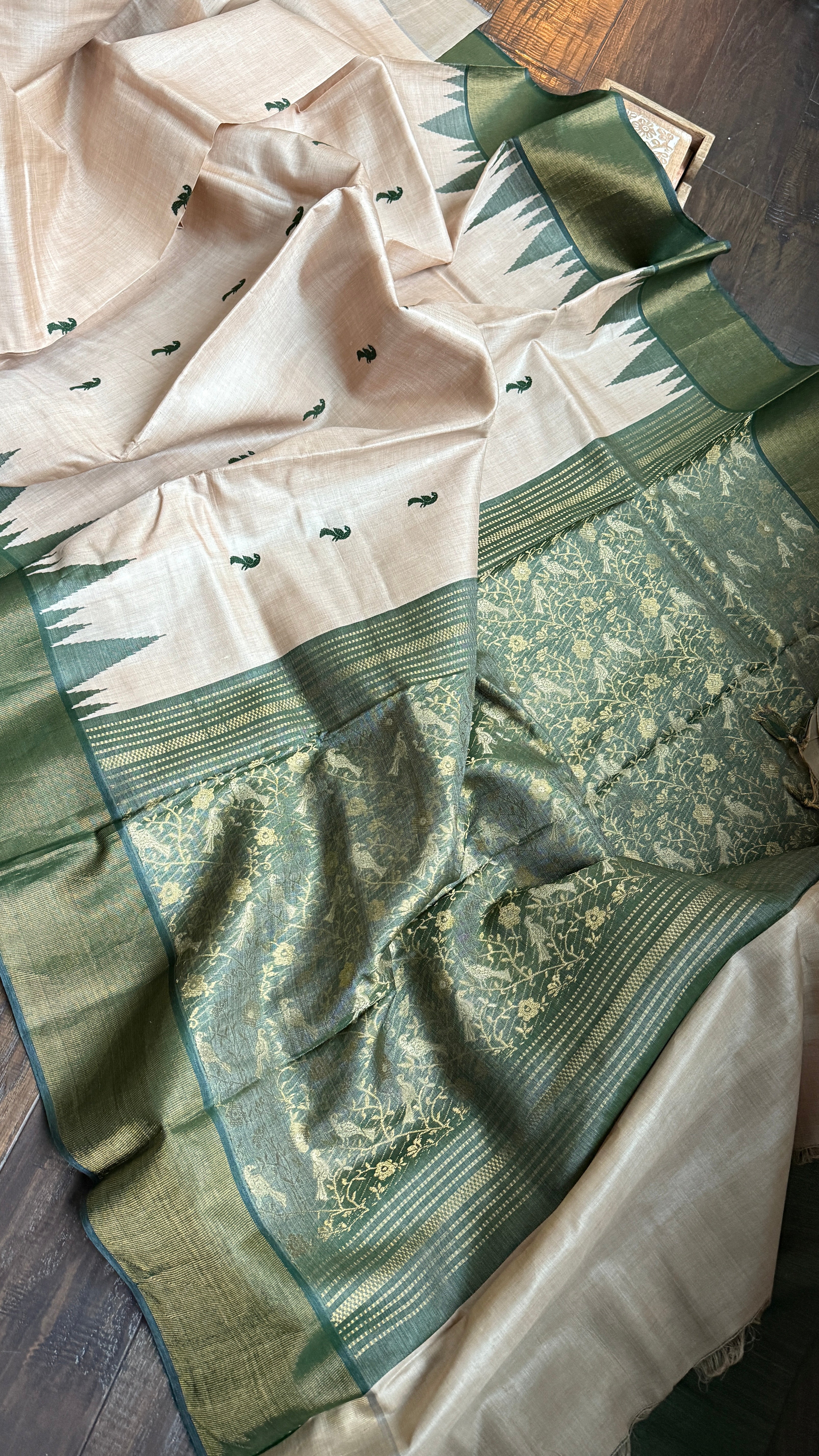 Pure Tussar Silk - Beige Dark Moss Green