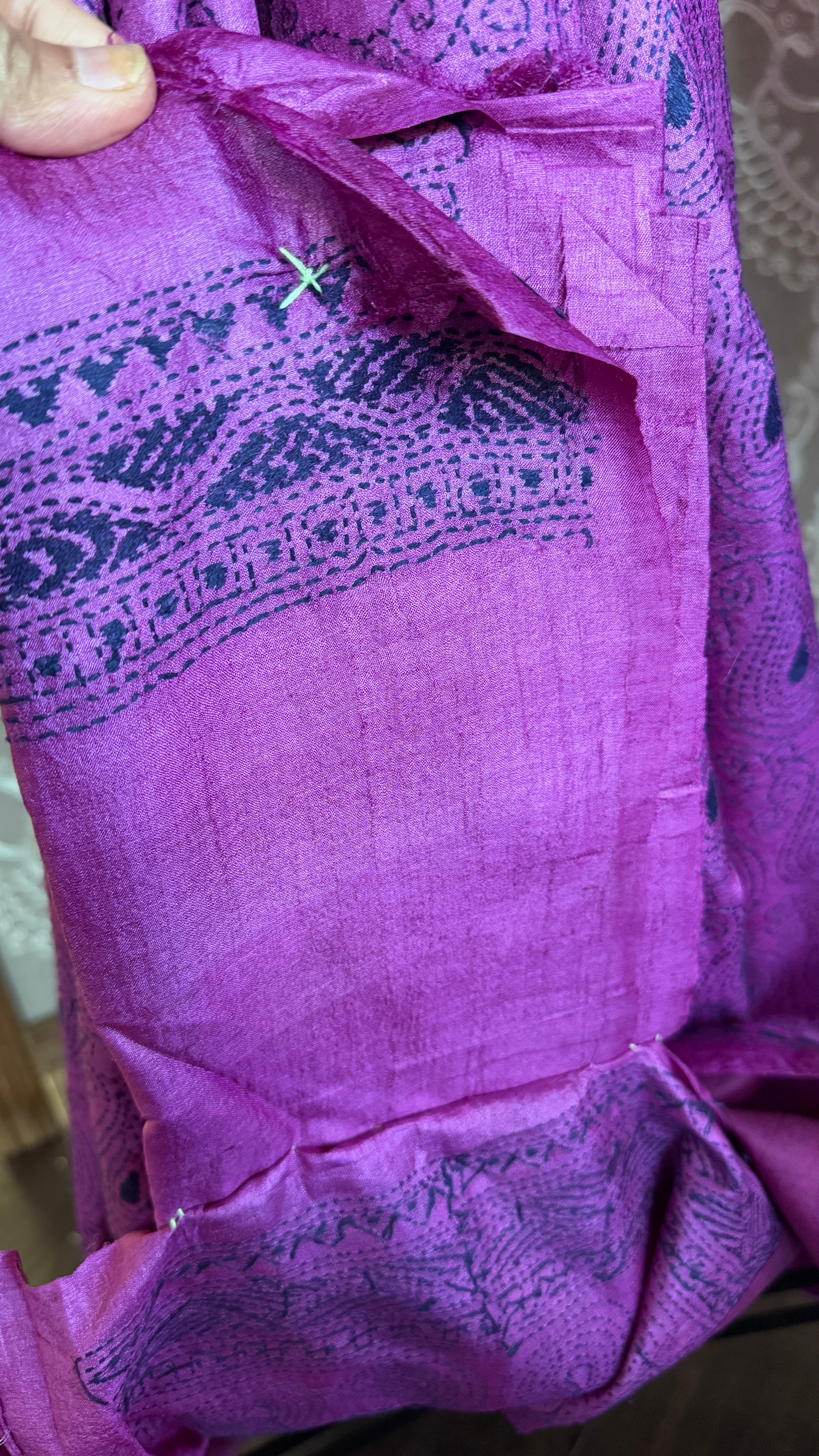 Pure Tussar Silk Kantha Stitch -  Magenta Purple Blue