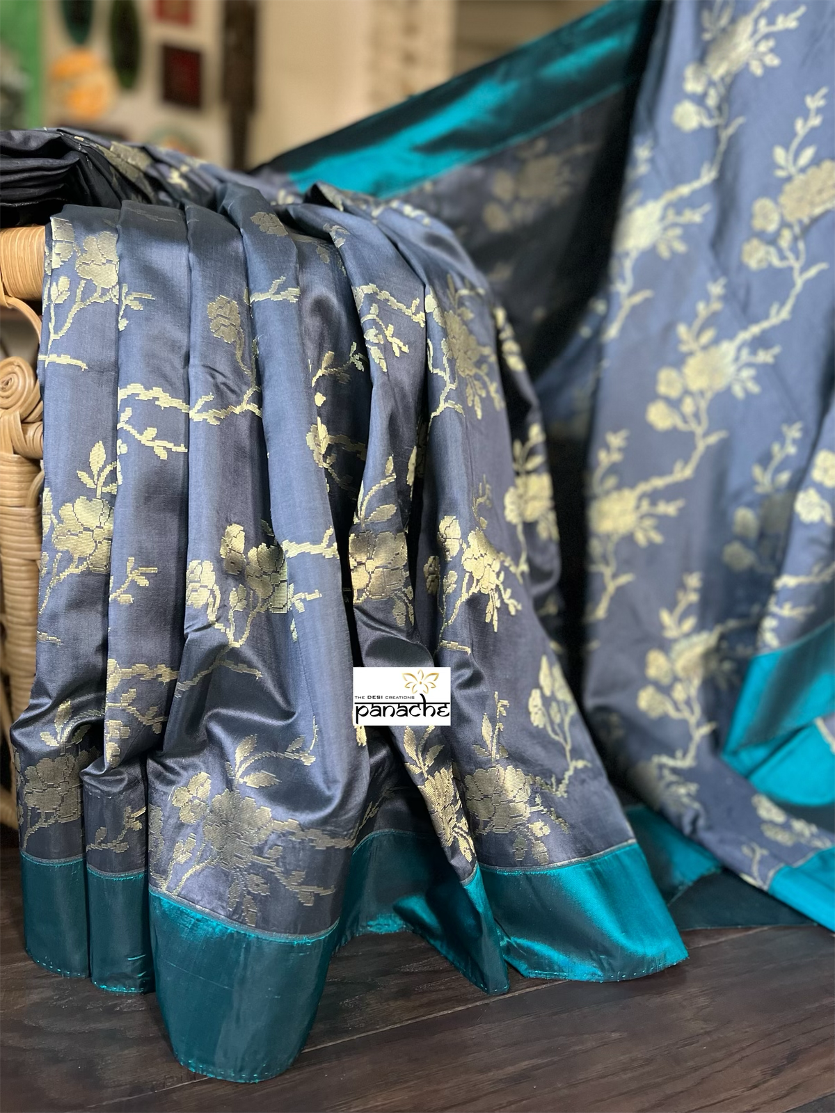Pure Silk Katan Banarasi - Grey Teal Blue