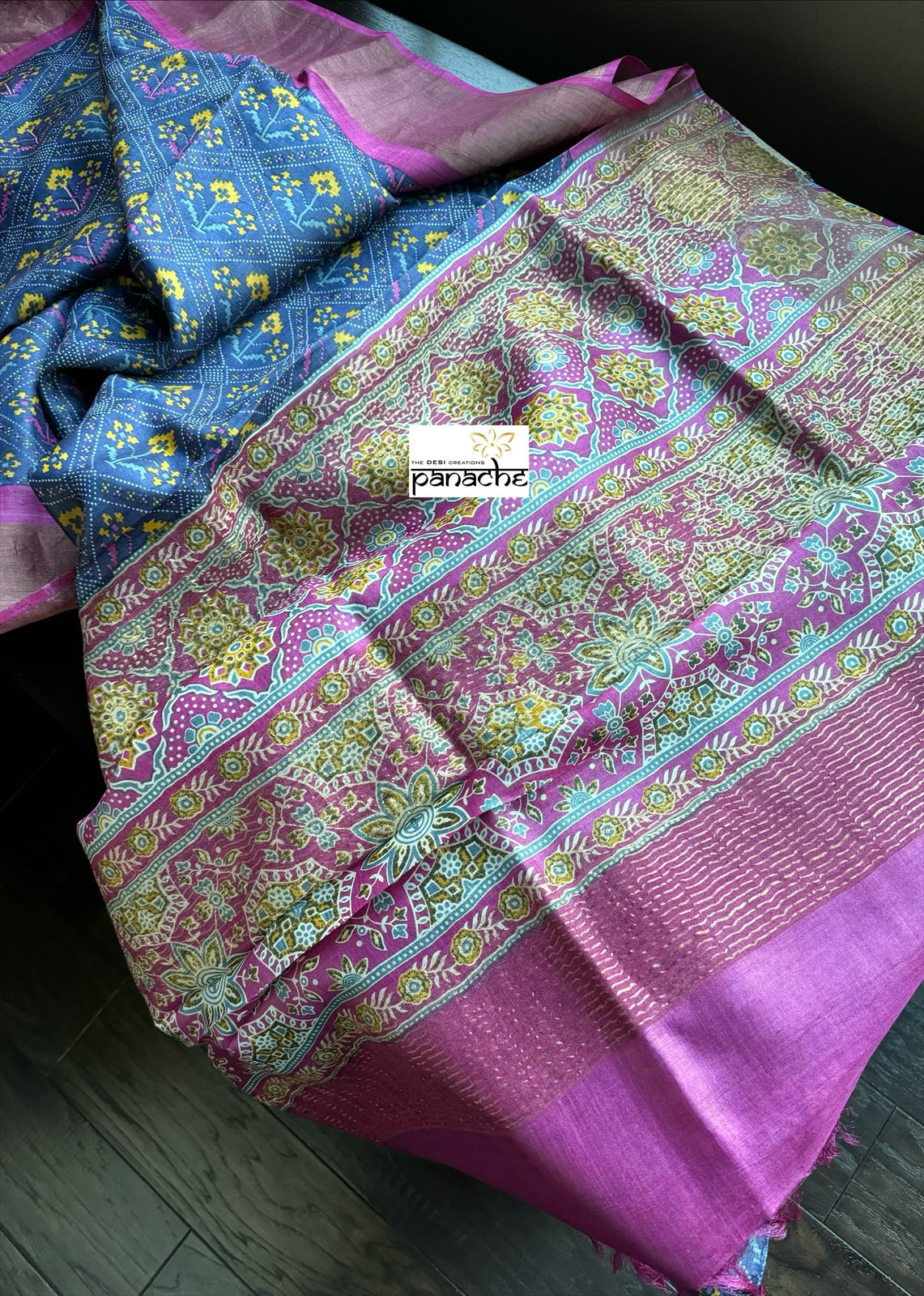 Pure Tussar Silk Digital Printed -  Blue Magenta Patola