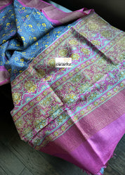 Pure Tussar Silk Digital Printed -  Blue Magenta Patola