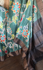 Pen Kalamkari Tussar Silk - Teal Hand-painted