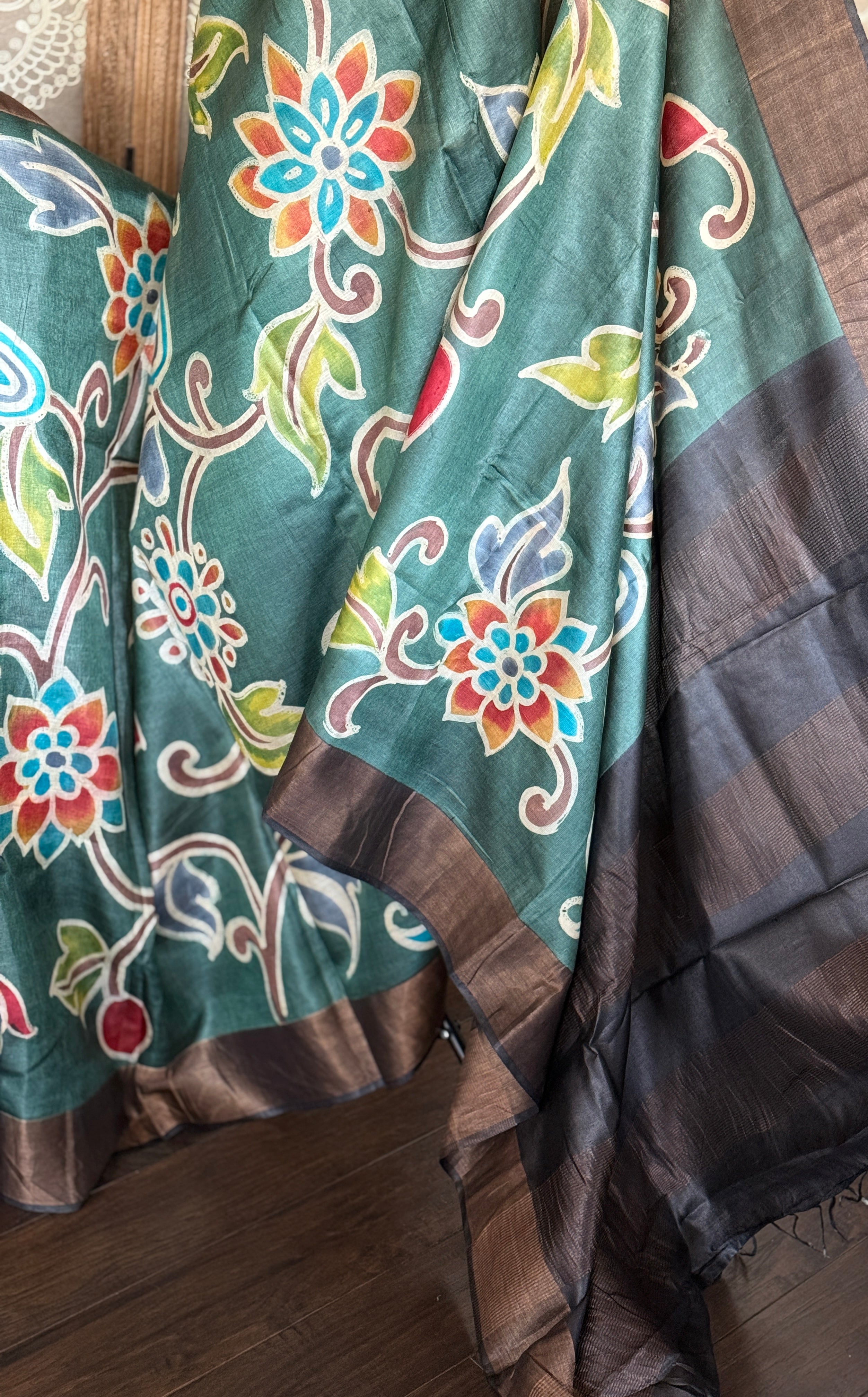 Pen Kalamkari Tussar Silk - Teal Hand-painted