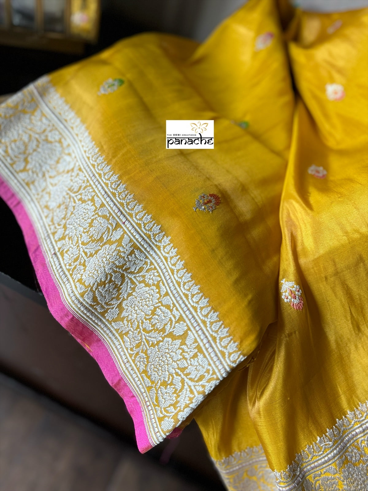 Pure Tissue Katan Silk Banarasi - Yellow Pink Woven