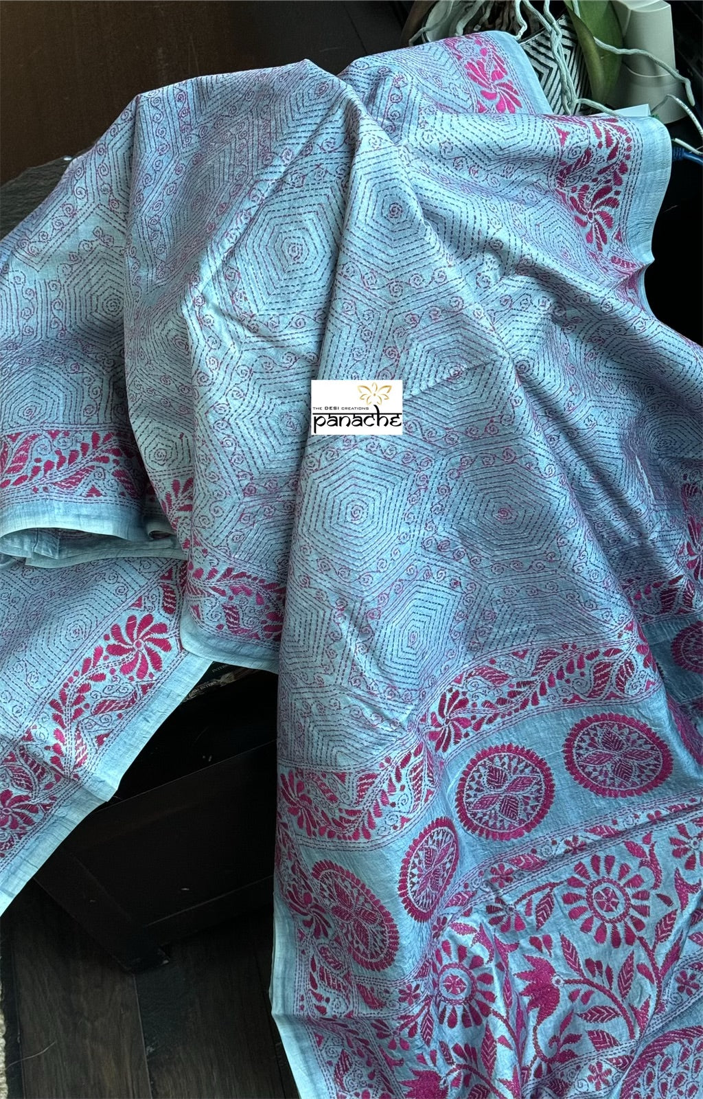 Pure Tussar Silk Kantha Stitch - Grey