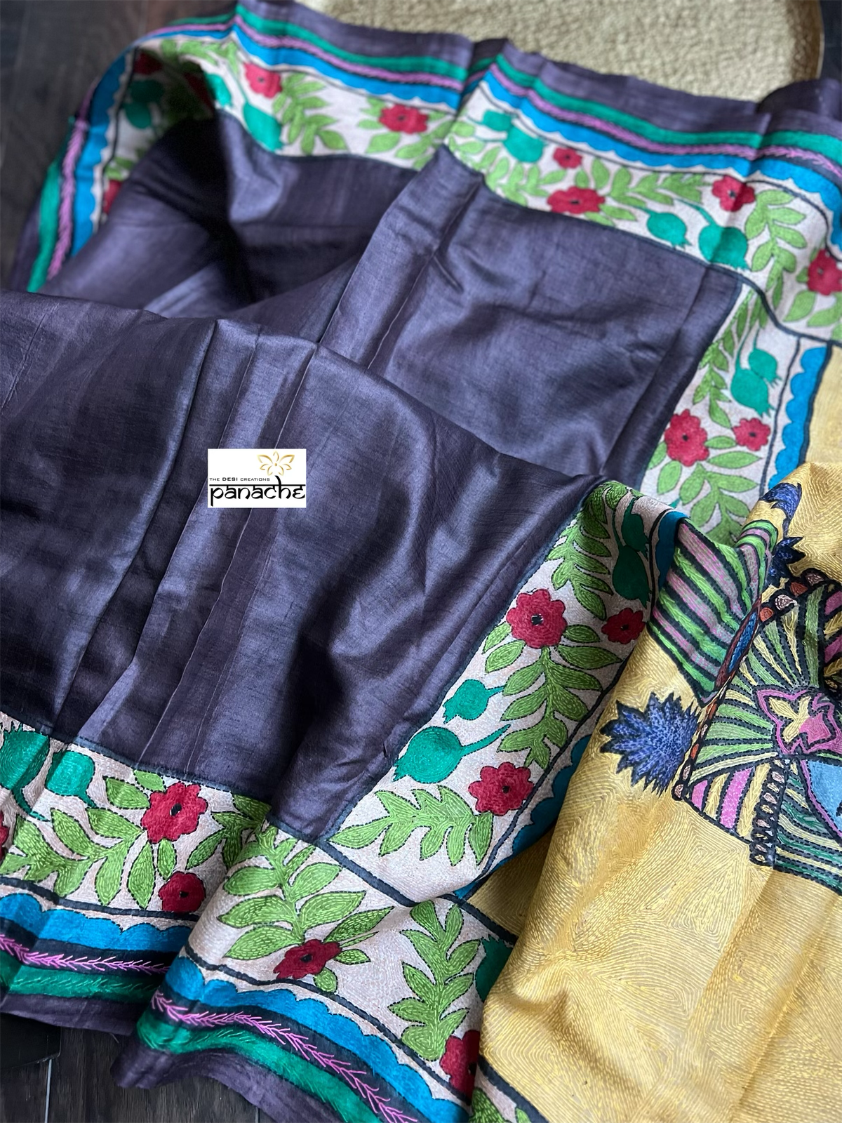 Pure Tussar Silk Sujni Kantha Stitch - Eggplant color Radha-Krishna