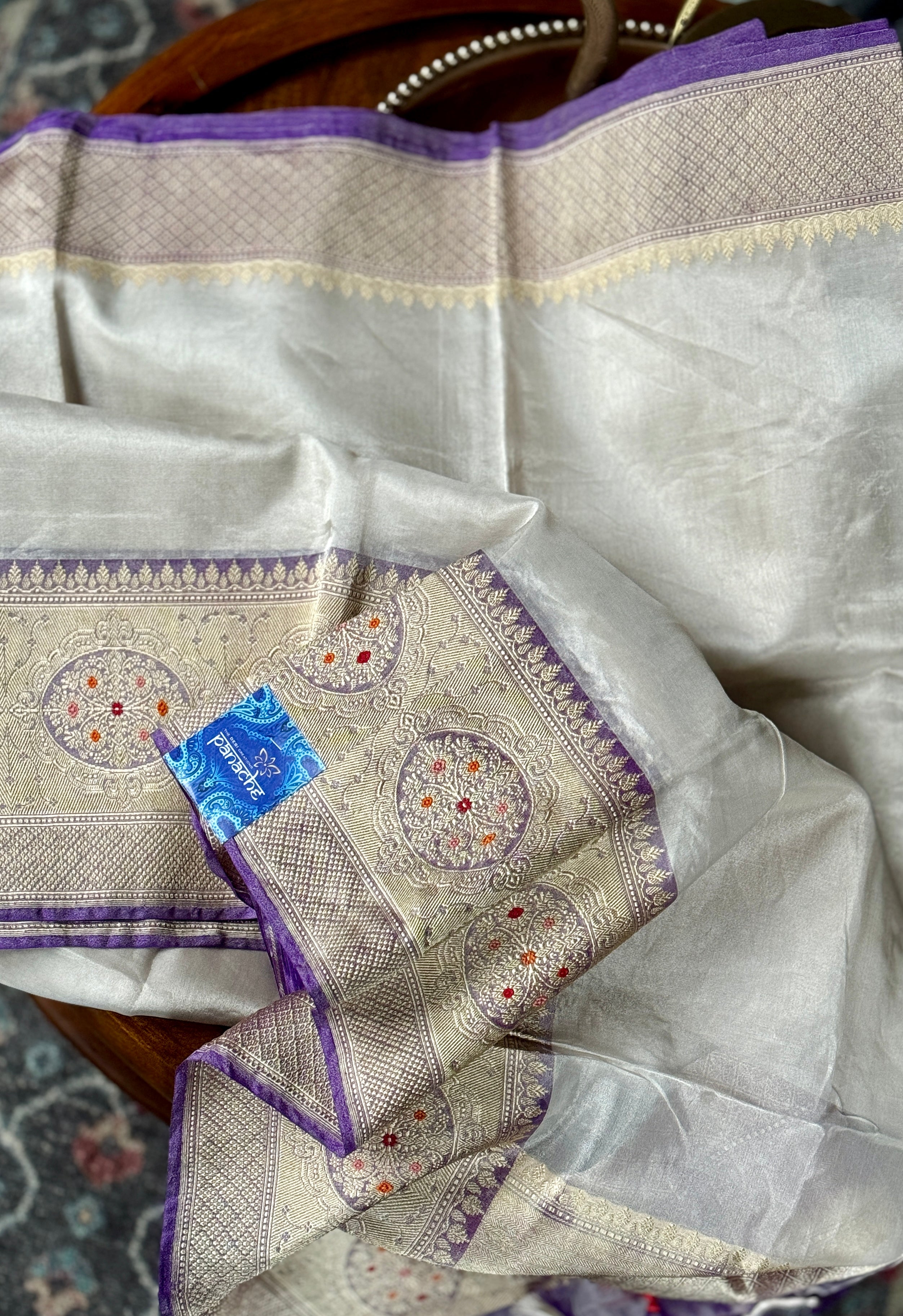Pure Tissue Kora Silk Banarasi - Cream Purple