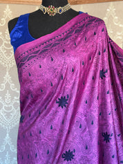 Pure Tussar Silk Kantha Stitch -  Magenta Purple Blue