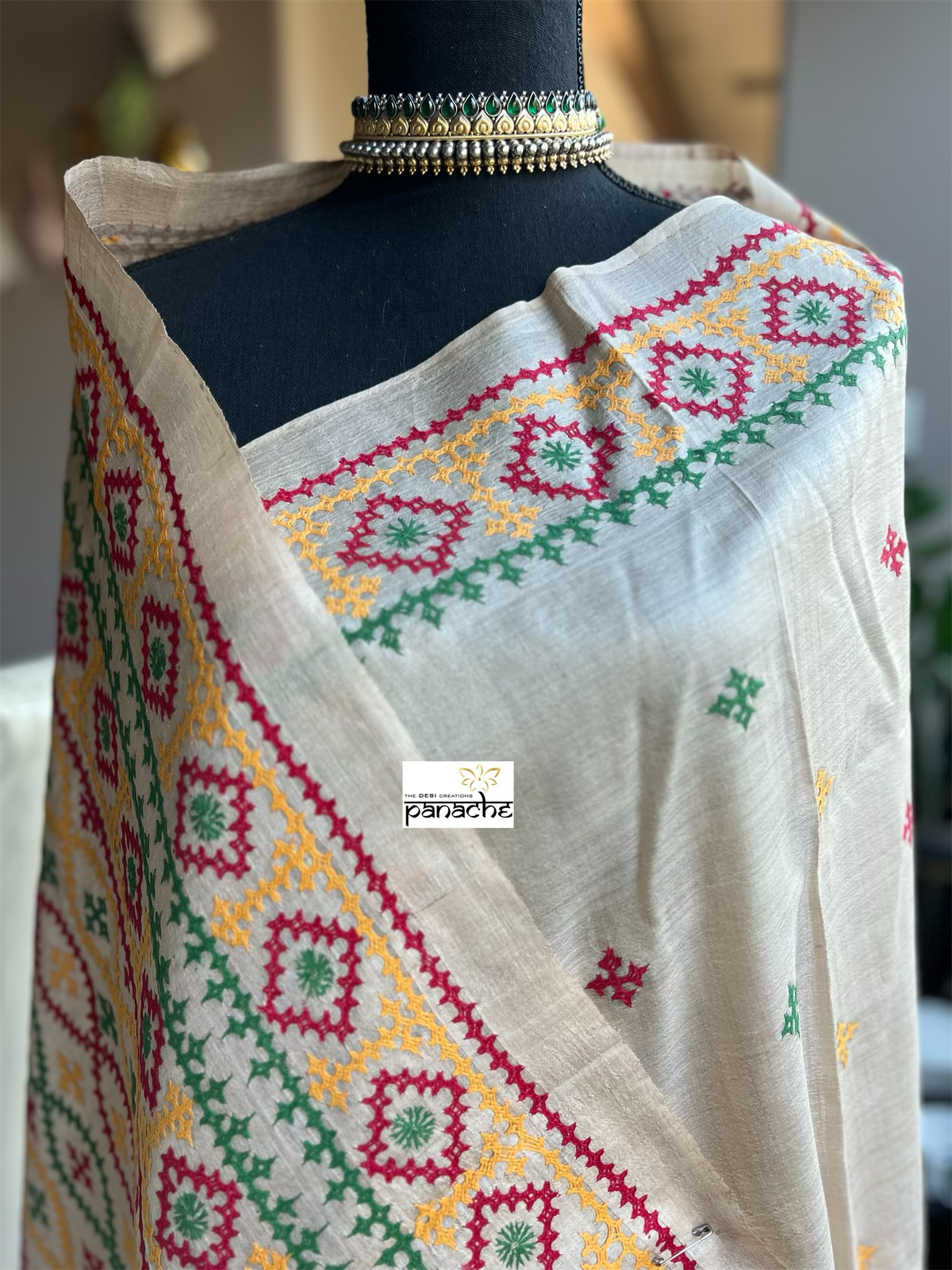Pure Tussar Silk Gujrati Stitch - Tussar Color Green Red