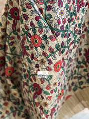 Pure Gicha Tussar Silk Printed - Beige Red Green Kalamkari