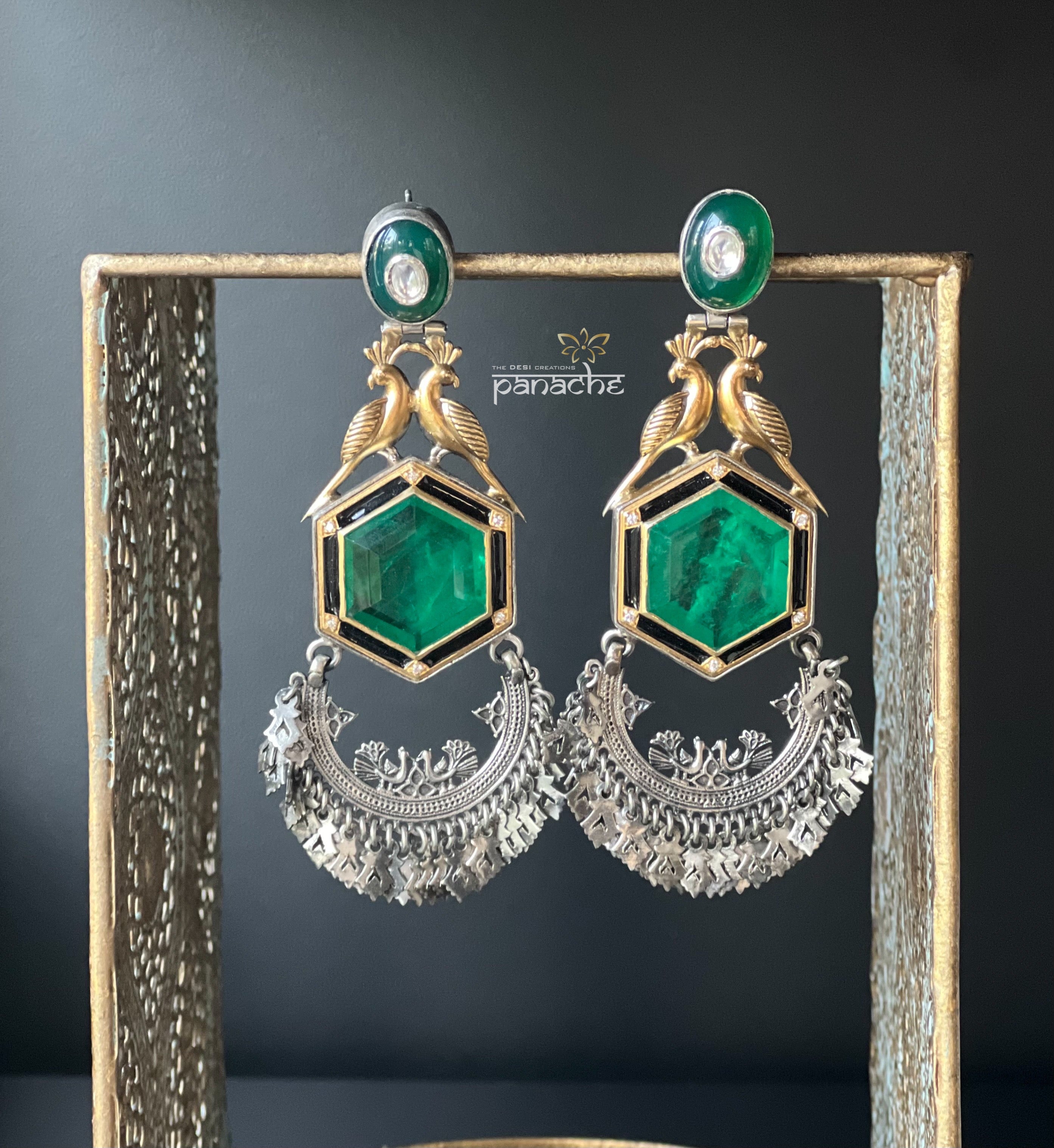 Artisan Earring 925 Silver- Green Kundan Dangler