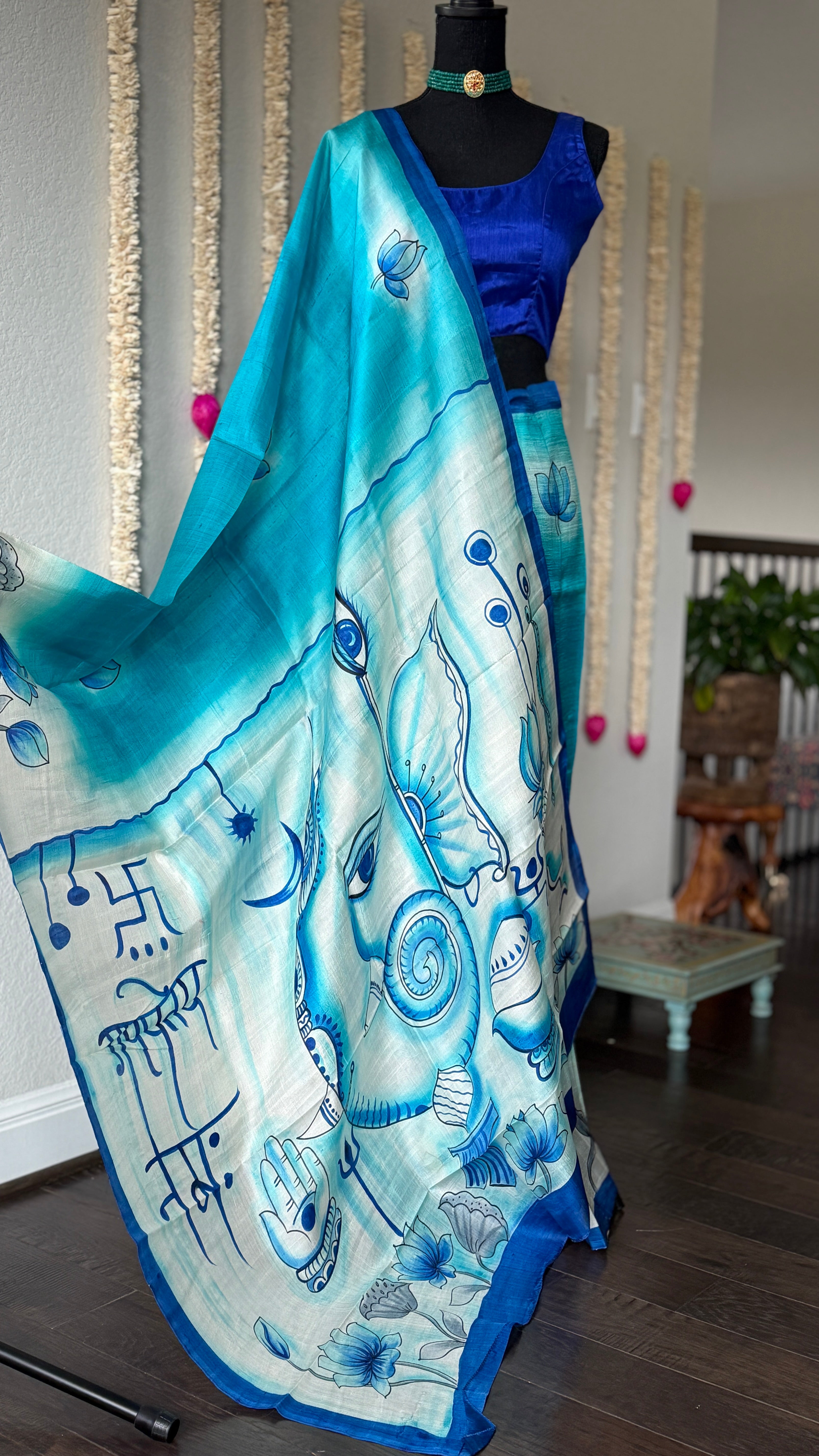 Hand Painted Tussar Silk - Firozi Blue Ganesha