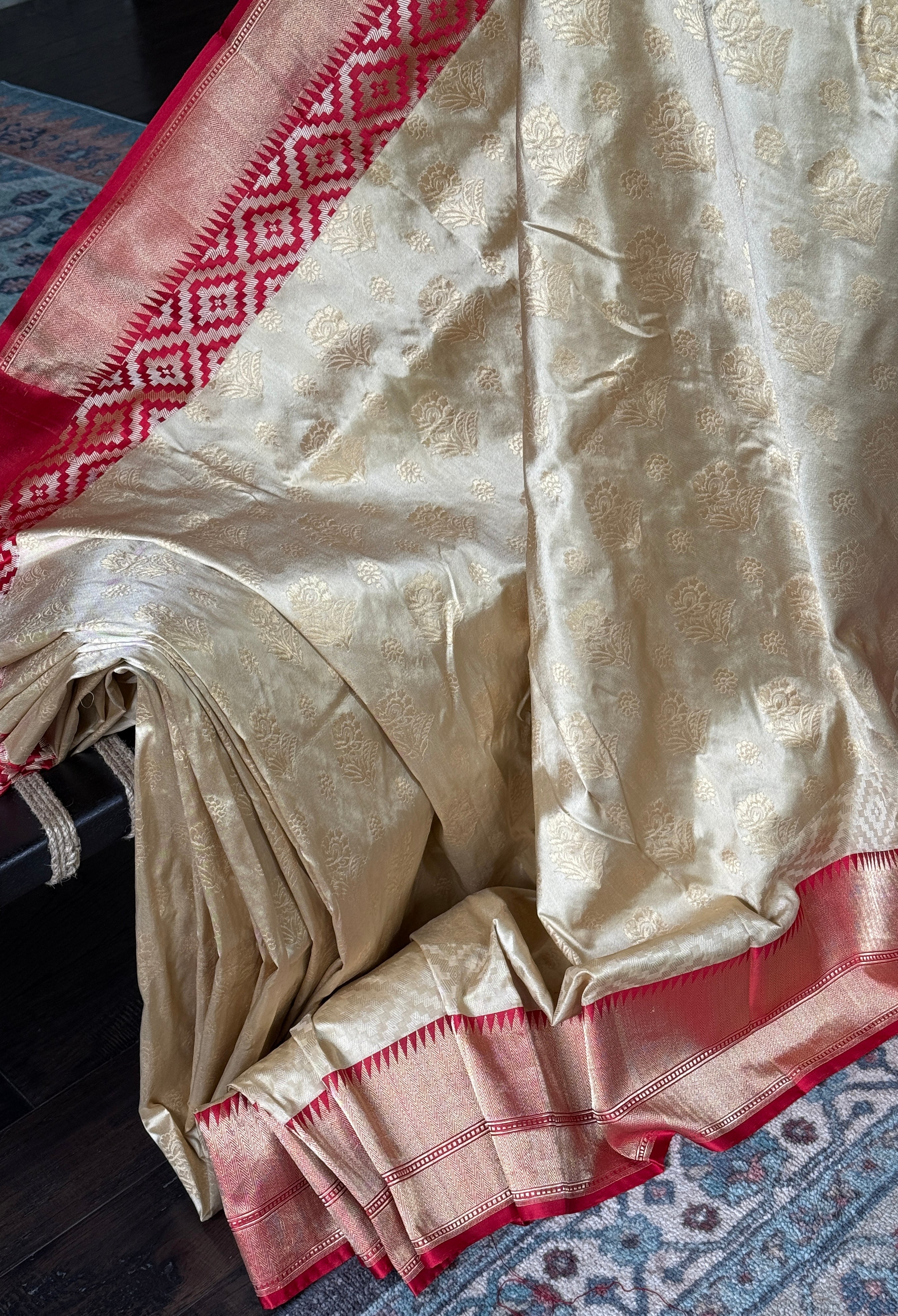 Pure Katan Silk Banarasi - Golden Beige Red Kadwa woven