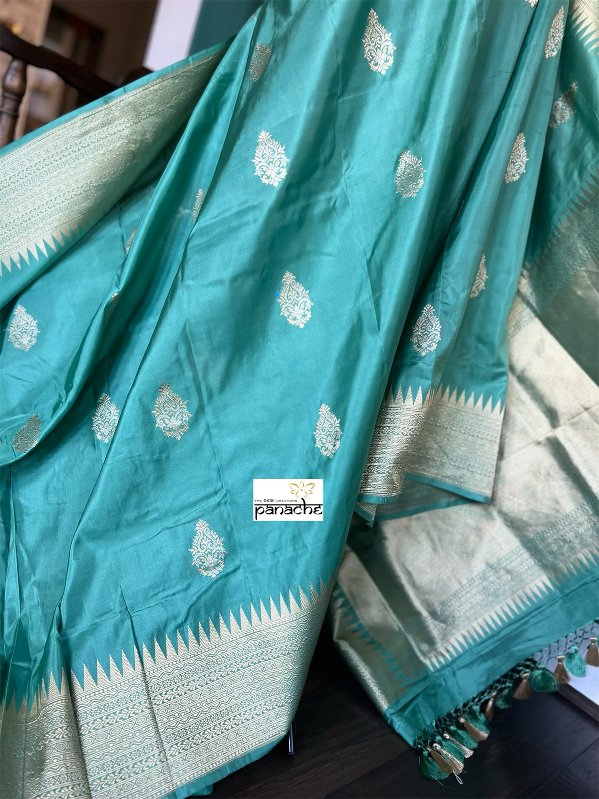 Pure Katan Silk Banarasi - Aqua Sea Green Antique Zari
